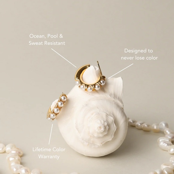 Atolea - Mini Pearl Huggie Earrings - 18k Gold PVD Coated - NWT - Picture 6 of 8